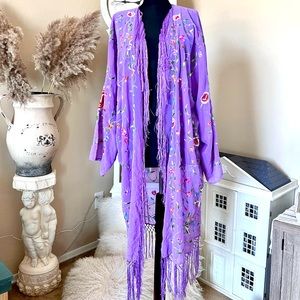 Vintage Suzanne Somers Purple Embroidered Fringe Kimono Duster Cover Up